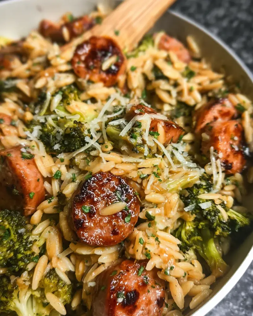 Chicken Sausage, Broccoli, Orzo Skillet