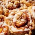 Peach Cobbler Cinnamon Rolls with Crumb Topping