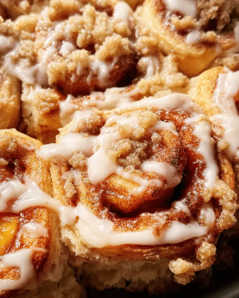 Peach Cobbler Cinnamon Rolls with Crumb Topping