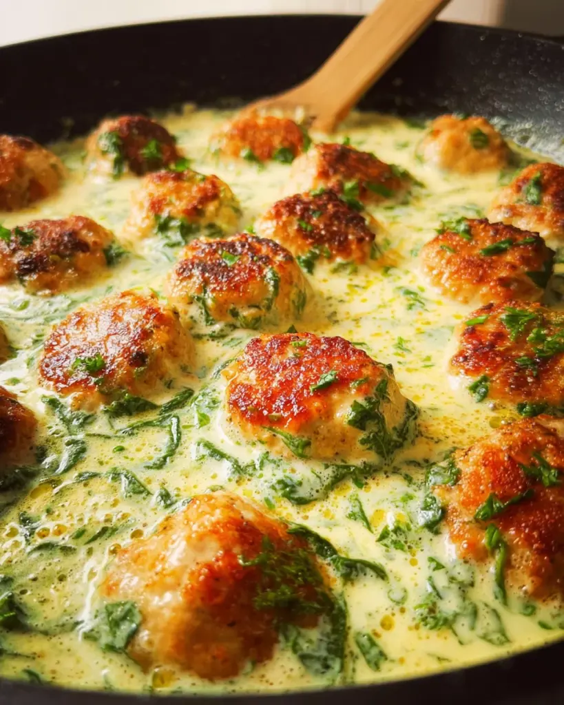 Chicken Ricotta Meatballs with Spinach Alfredo Sauce