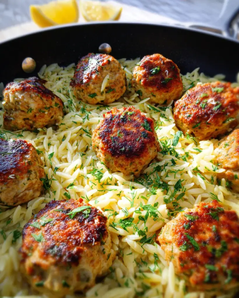 Easy Greek Chicken Meatballs with Lemon Orzo