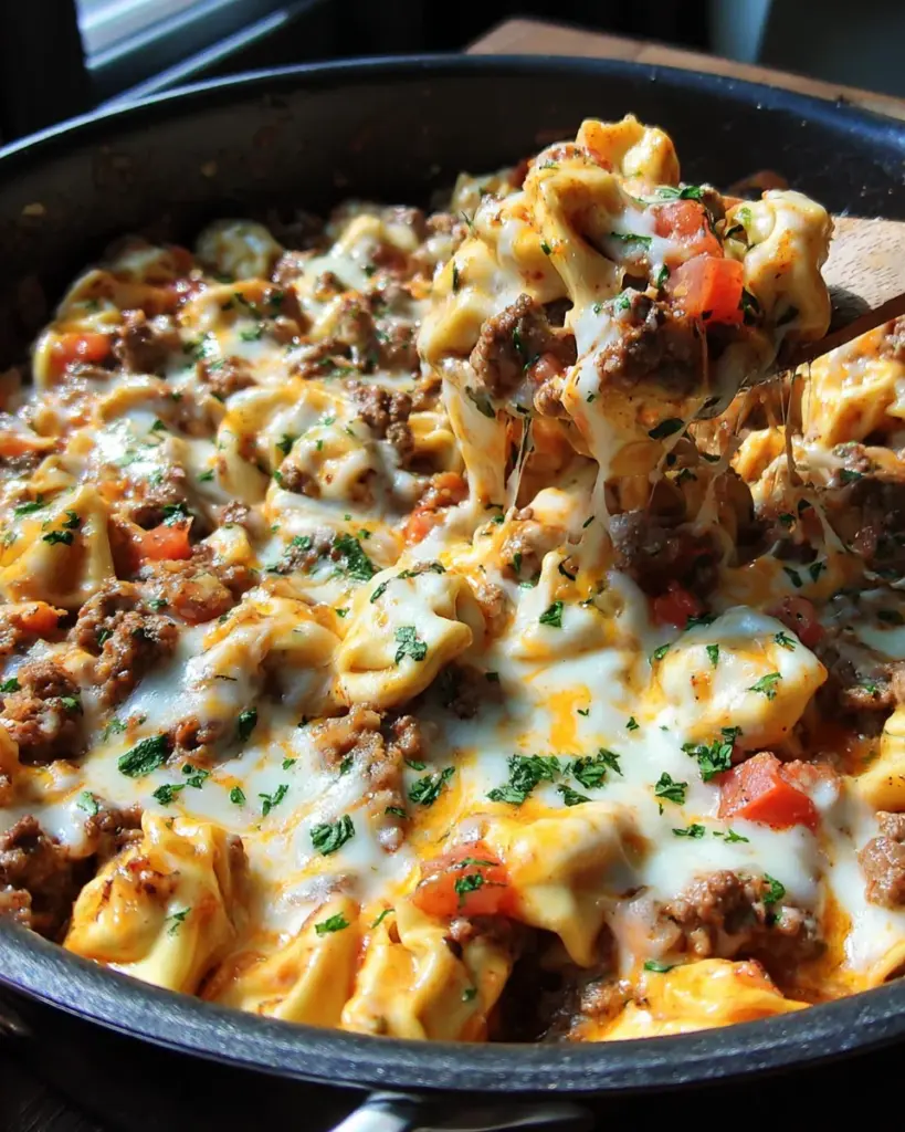 One Pot Tortellini and Ground Beef Skillet Casserole