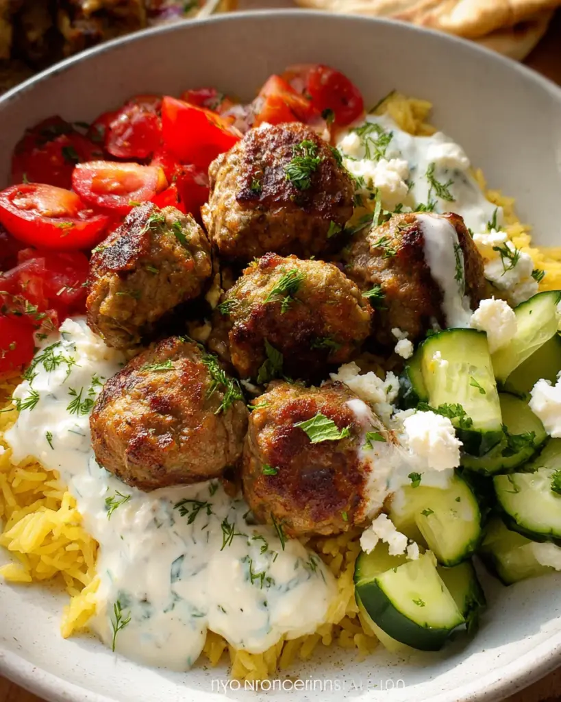 Gyro Bowls (Meatballs with Tzatziki, Lemon Rice, and Cucumber Salad)
