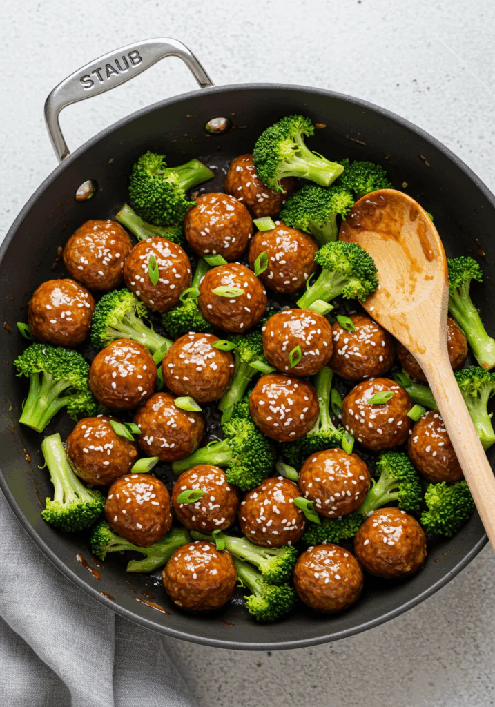 Sticky Mongolian Meatballs and Broccoli