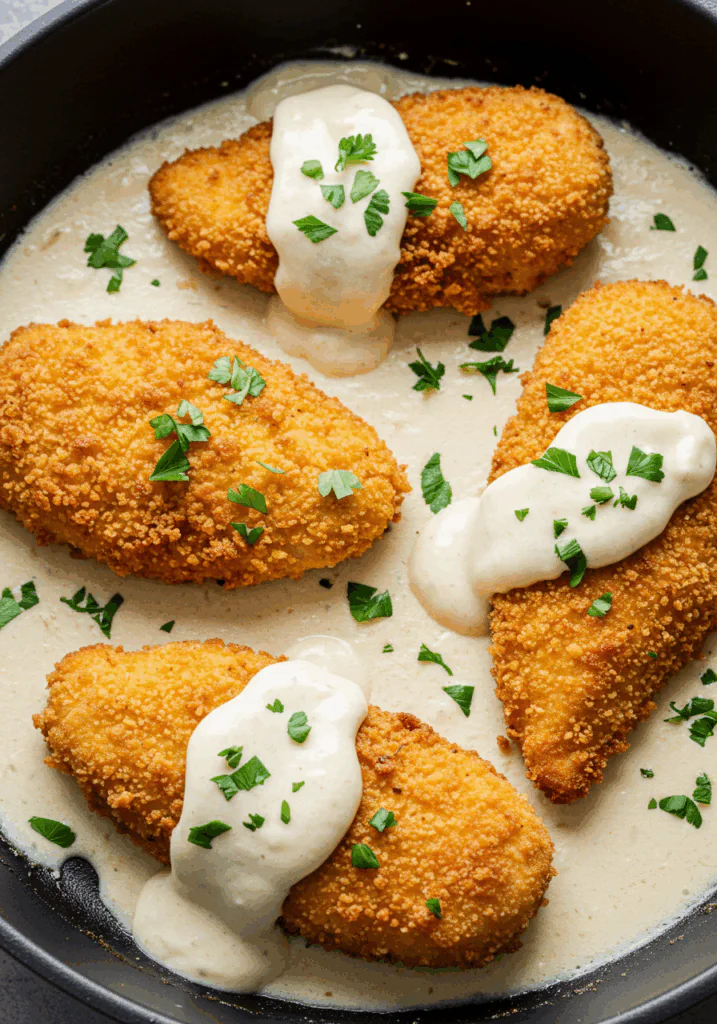 Crispy Parmesan Chicken with a Rich Garlic Sauce