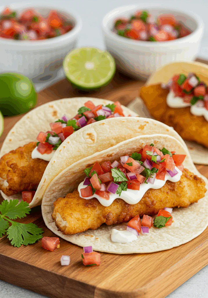 Fried Fish Tacos with Red Onion-Tomato Salsa