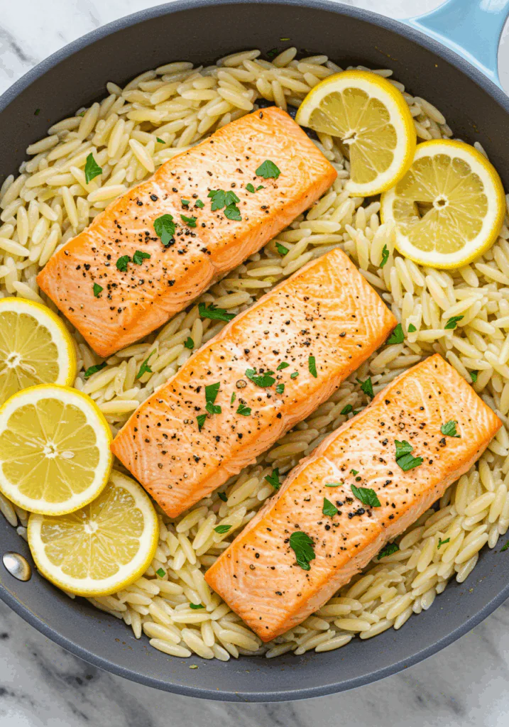 One Skillet Salmon with Lemon Orzo