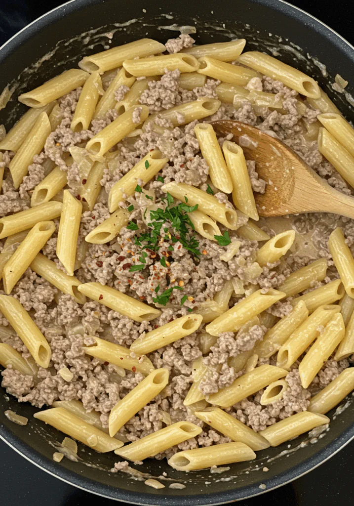 One-Pot Creamy Beef and Garlic Butter Pasta