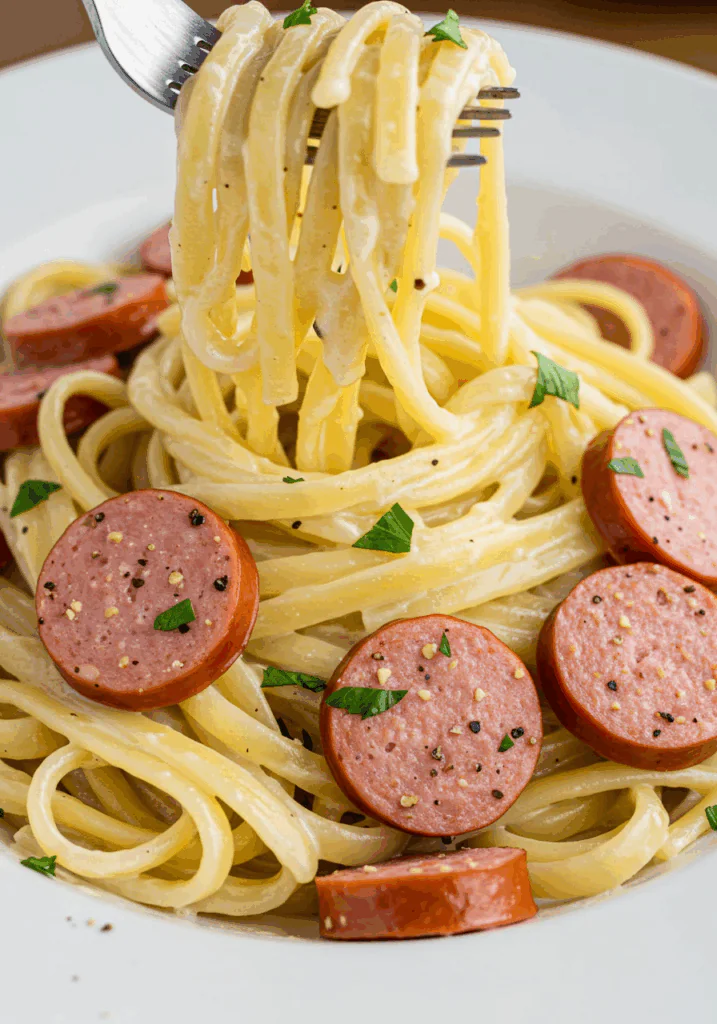 Creamy Garlic Parmesan Fettuccine with Beef Sausages