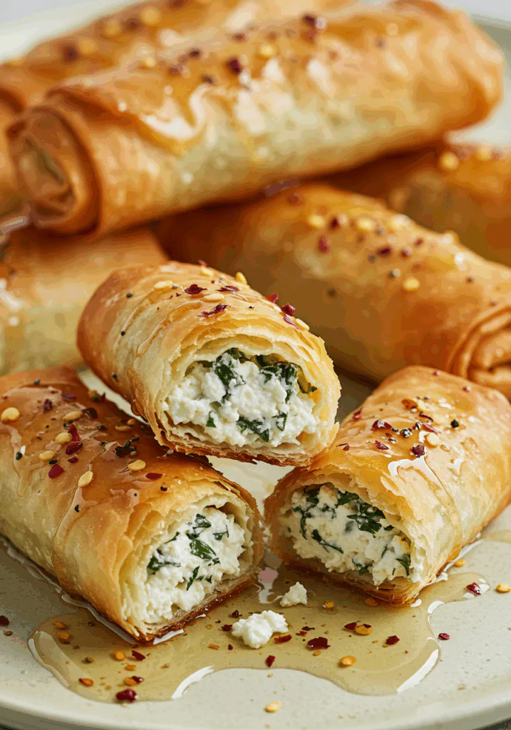 Oven Fried Feta Rolls with Chili Honey