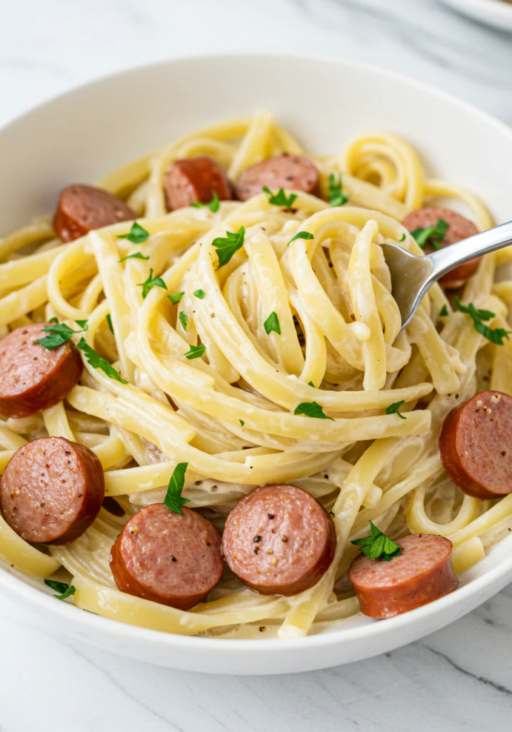 Creamy Garlic Parmesan Fettuccine with Beef Sausages
