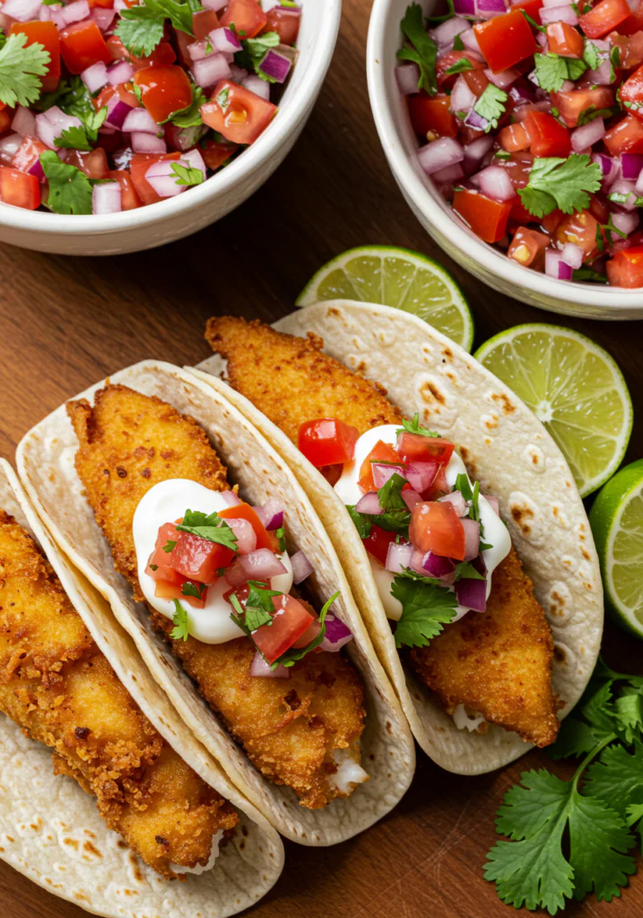 Fried Fish Tacos with Red Onion-Tomato Salsa