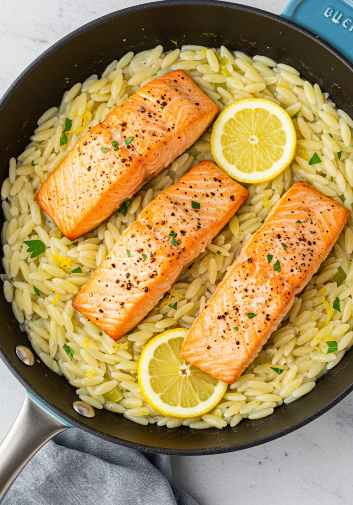 One Skillet Salmon with Lemon Orzo
