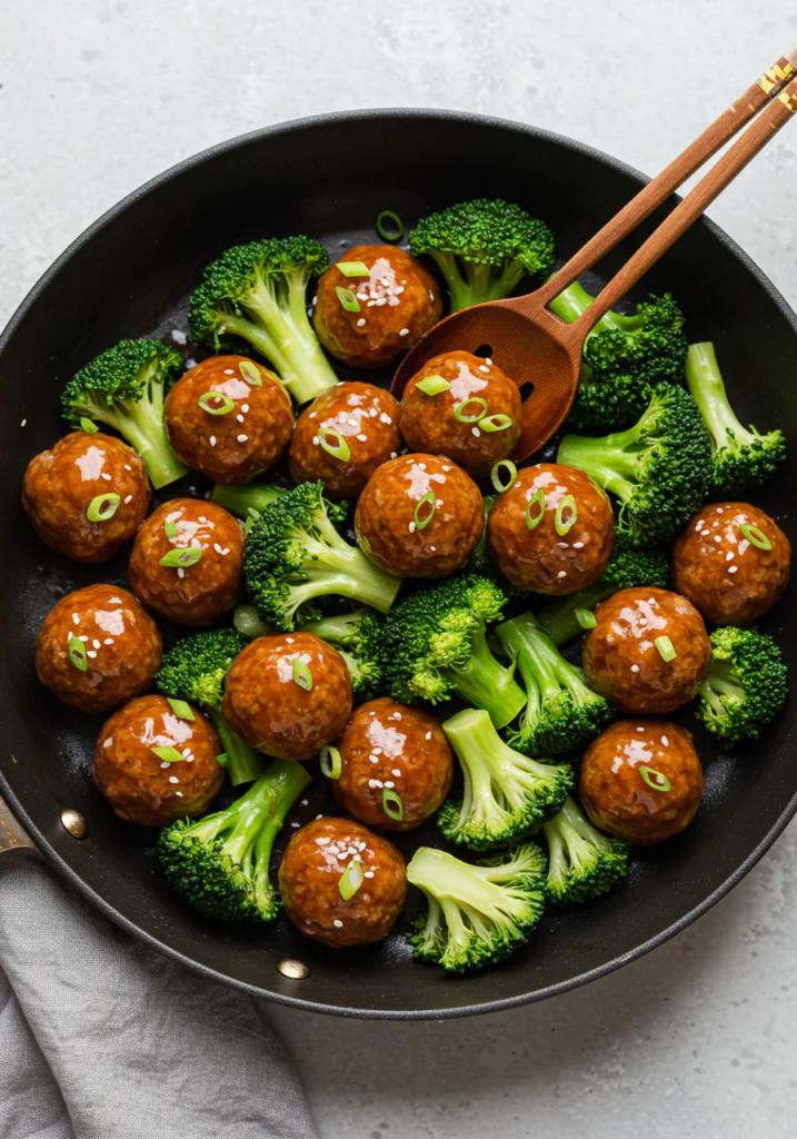 Sticky Mongolian Meatballs and Broccoli