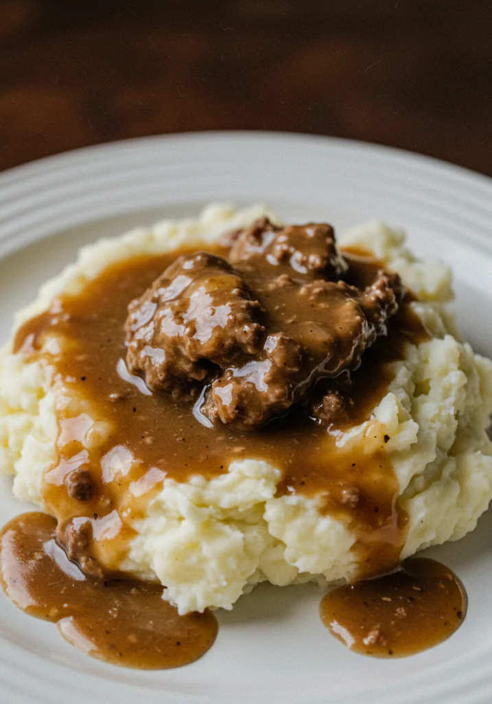 Ground Beef and Gravy Over Mashed Potatoes