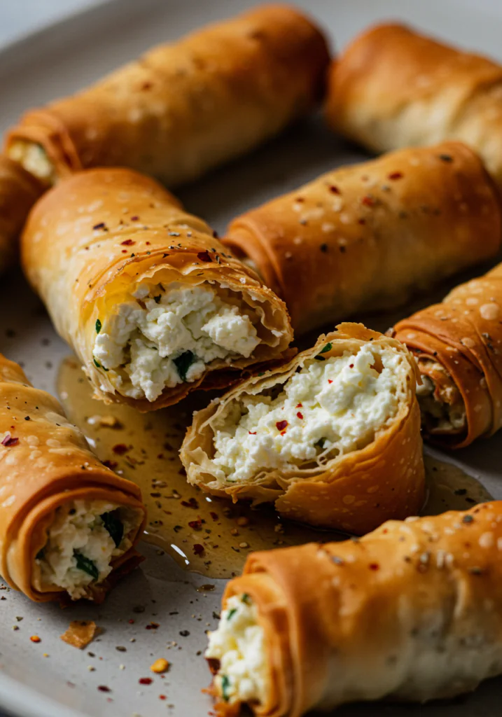 Oven Fried Feta Rolls with Chili Honey