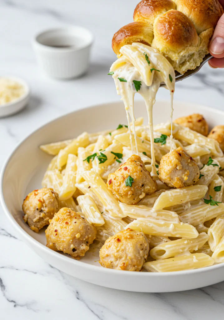Garlic Butter Chicken Bites with Creamy Parmesan Pasta