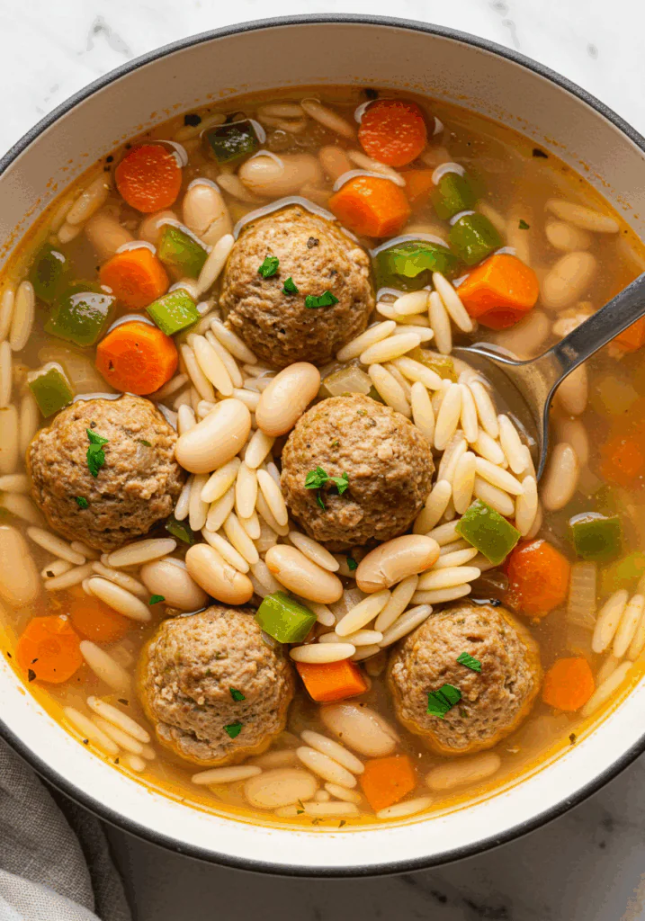 Meatball Stew with Orzo and White Beans