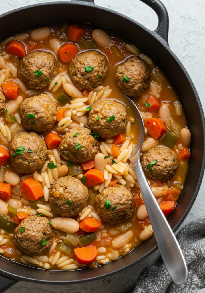Meatball Stew with Orzo and White Beans