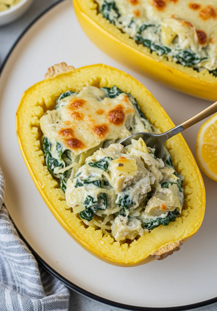 Spinach and Artichoke Stuffed Spaghetti Squash
