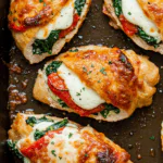 Roasted Red Pepper Spinach and Mozzarella Stuffed Chicken
