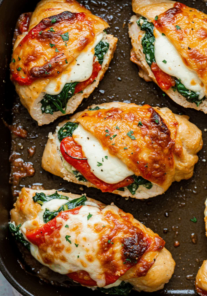 Roasted Red Pepper Spinach and Mozzarella Stuffed Chicken