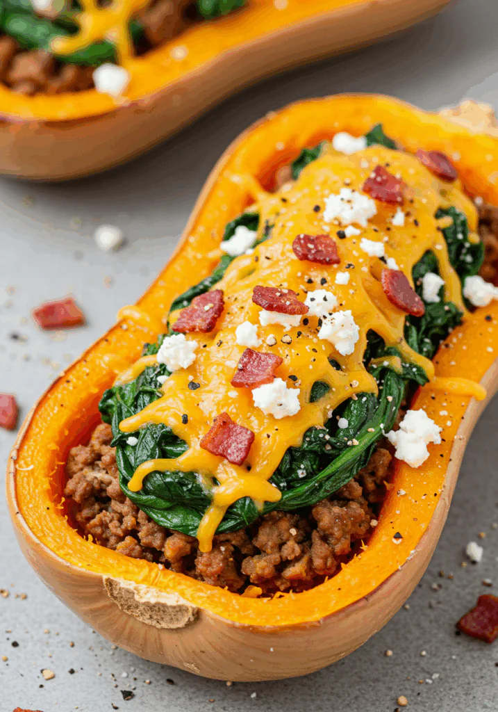 Turkey Sausage-Stuffed Butternut Squash with Spinach