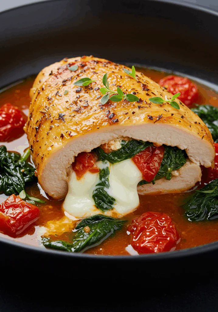 Roasted Red Pepper Spinach and Mozzarella Stuffed Chicken