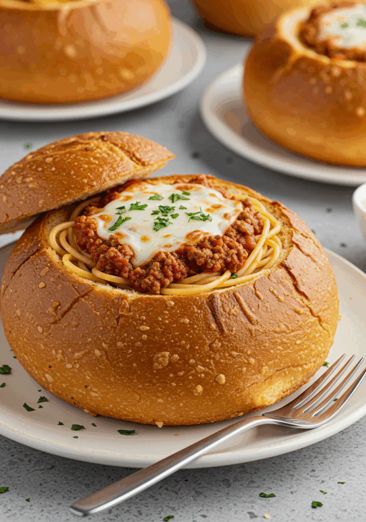 Spaghetti Garlic Bread Bowls