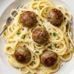Garlic Butter Meatballs over Creamy Parmesan Linguine