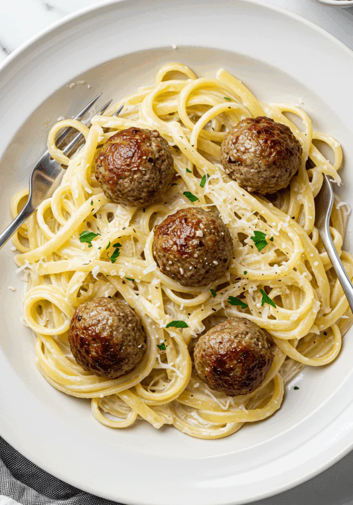 Garlic Butter Meatballs over Creamy Parmesan Linguine