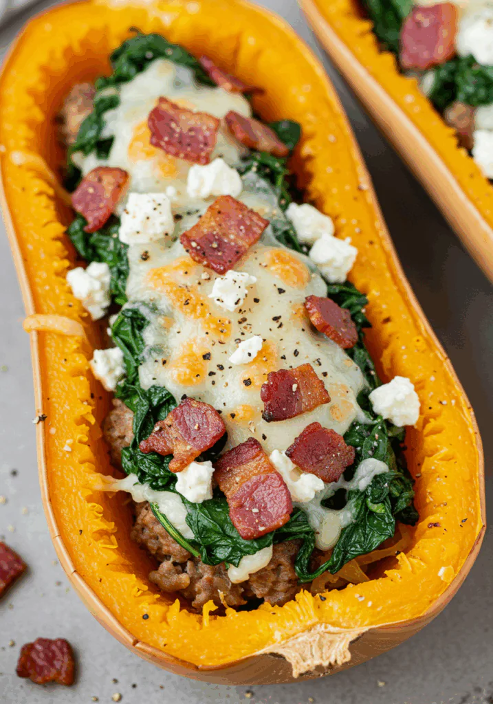 Turkey Sausage-Stuffed Butternut Squash with Spinach