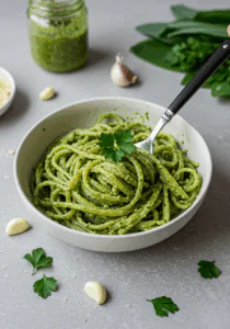 Vegan wild garlic pesto pasta