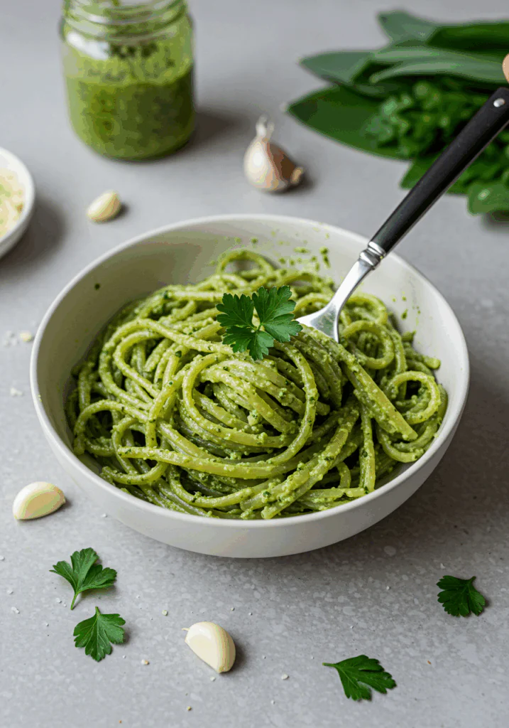 Vegan wild garlic pesto pasta