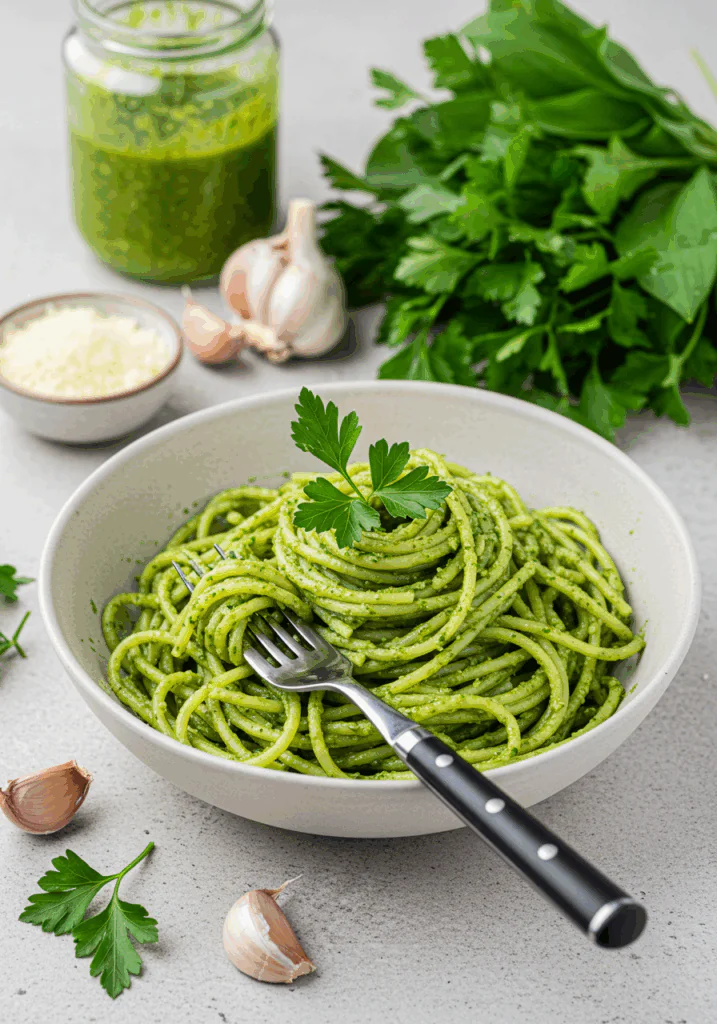 Vegan wild garlic pesto pasta